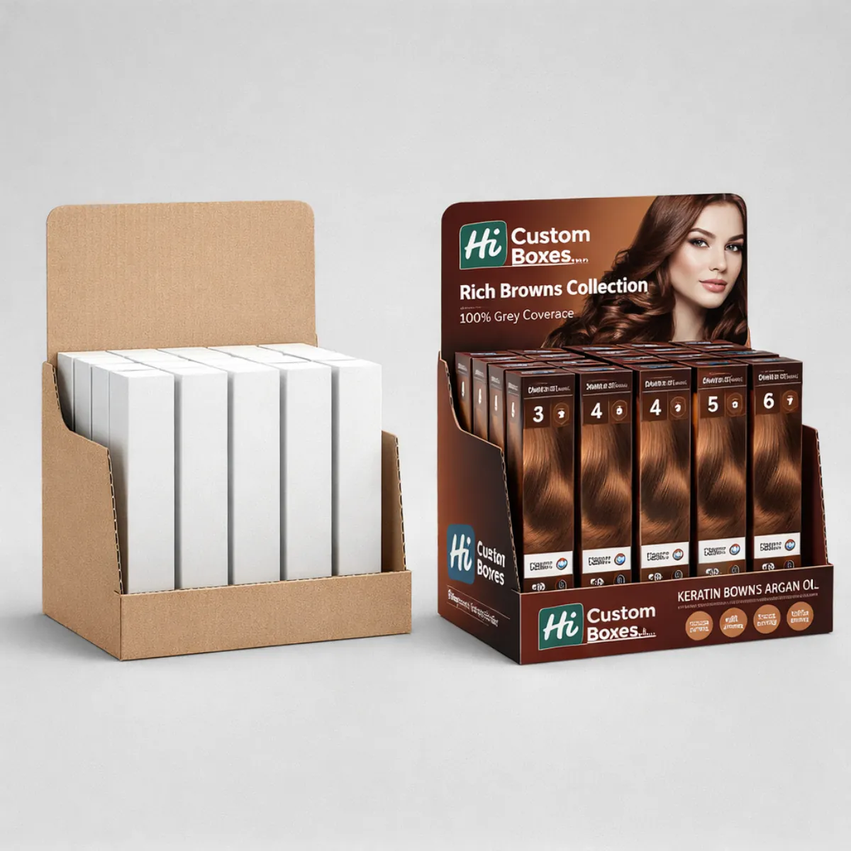 Cardboard counter display units containing several hair colour boxes, one plain and one fully branded. class=
